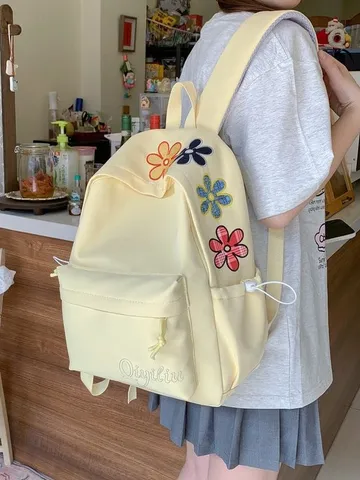 Zaino in Nylon con Ricamo Floreale di Cartoni Animati Grande Capacità Borsa Scolastica per Studenti Casual Versatile