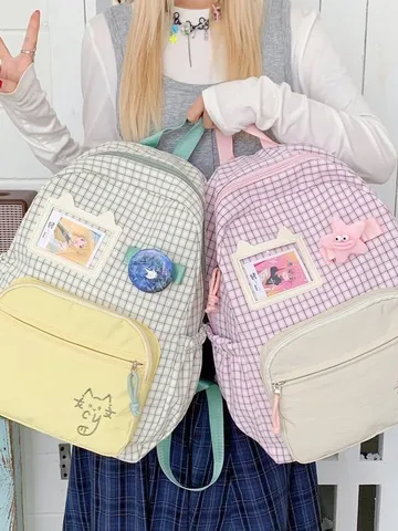 Ins Stile Gatto Cartone Animato Quadri Zaino Donna Carino Ita Borsa Grande Capacità Versatile Casual Scuola Zainetto Nylon Daypack