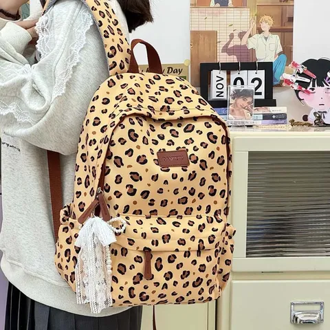 Zaino Stampa Leopardata Vintage Coreano da Donna Grande Capacità Casual Scuola Borsa di Libri Nylon Moda Viaggio