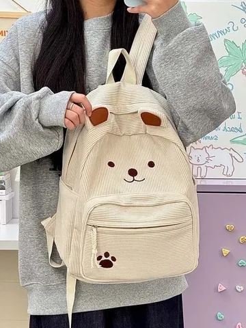 Zaino in Nylon Casual con Orecchie da Orso e Stampa Zampa per Studenti e Donne Viaggi Giornalieri