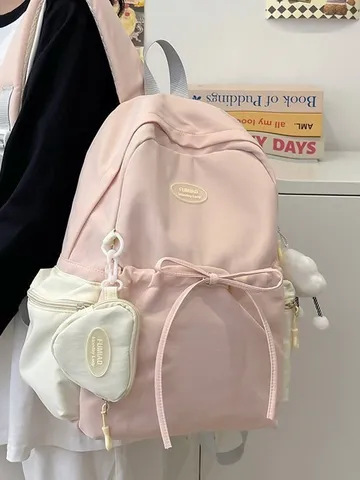 Zaino Casual in Nylon Stile Coreano Donna Grande Capacità Borsa da Scuola Moda Colore A Contrasto Carino Zainetto Giornaliero