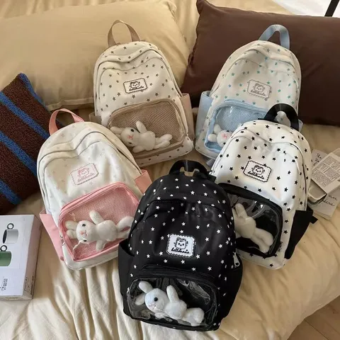 Zaino in Nylon con Stampa Stellata Stile Ins Con Tasca Trasparente Borsa da Scuola Casual Per Donne Studenti Viaggio Daypack