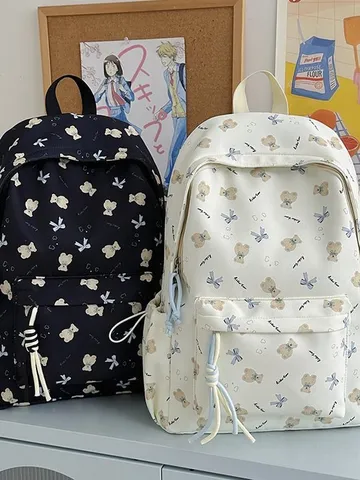 Zaino in Nylon con Stampa Orso Cartoon Stile Coreano Casual Carino Borsa Scolastica per Studenti