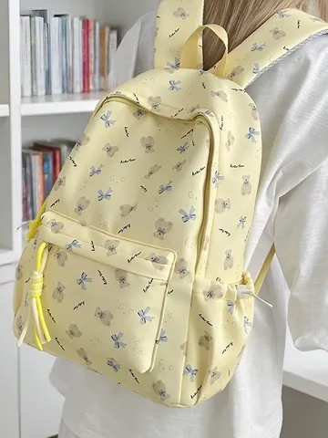 Zaino in Nylon con Stampa Orso Cartoon Stile Coreano Casual Carino Borsa Scolastica per Studenti