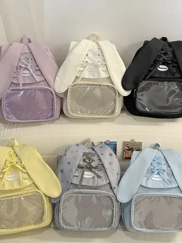 Donne Dolce Zaino Ita Nylon Orecchie di Coniglio Finestra Trasparente Daypack Casual Carino Fiocco Nastro Zaino Scolastico