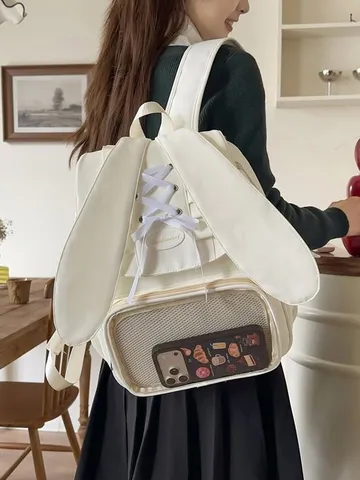Donne Dolce Zaino Ita Nylon Orecchie di Coniglio Finestra Trasparente Daypack Casual Carino Fiocco Nastro Zaino Scolastico