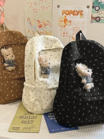 Zaino Casual da Donna in Nylon Stampa Fiocco Carino Stile Universitario Borsa da Scuola Grande Capacità
