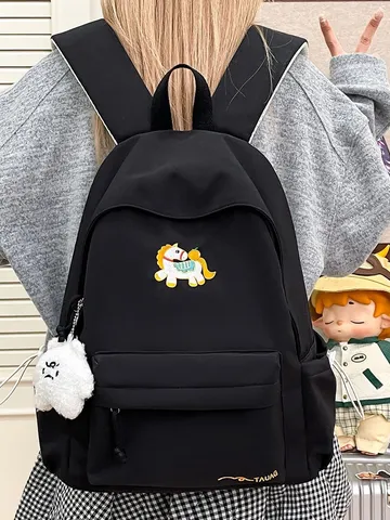 Stile Coreano Cartoon Pony Ricamo Nylon Zaino Casual Grande Capacità Borsa Scolastica Con Pendente In Peluche Per Donne