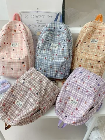 Zaino a Quadri con Orsetto in Stile Coreano per Donne Simpatiche Stelle Zaino Scolastico Grande Capacità Viaggio Casual