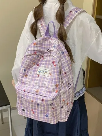 Zaino a Quadri con Orsetto in Stile Coreano per Donne Simpatiche Stelle Zaino Scolastico Grande Capacità Viaggio Casual