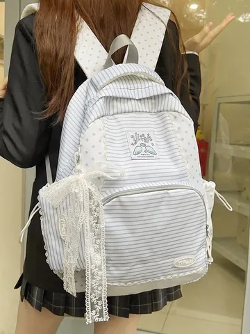 Stile Coreano Dolce Bordo in Pizzo Zaino A Righe Donna Grande Capacità Studente Borsa Scolastica Moda Casual Nylon