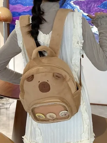 Carino Zaino in Peluche Capibara Animale Cartone Animato Ita Bag Con Tasca Frontale Trasparente Zaino Casual Per Donne Ragazze