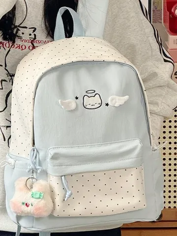Stile Coreano Carino Angelo Gatto Zaino Dolce Pois Studente Borsa Scolastica Zainetto Casual Tessuto Oxford