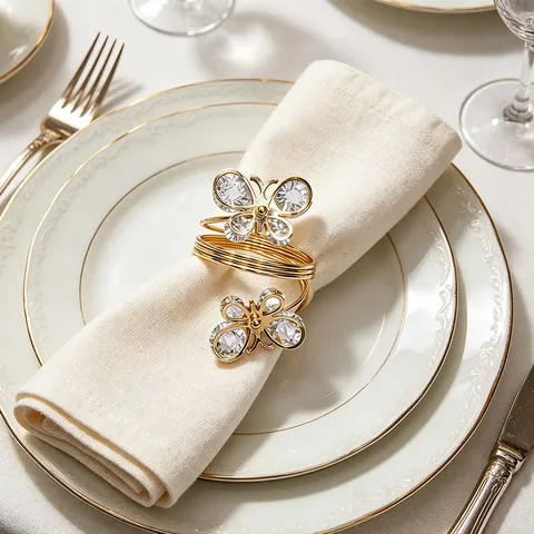 Gold Butterfly Napkin Rings Metal Rhinestone Napkin Holder Table Decor For Wedding Party Banquet Dining Table Setting