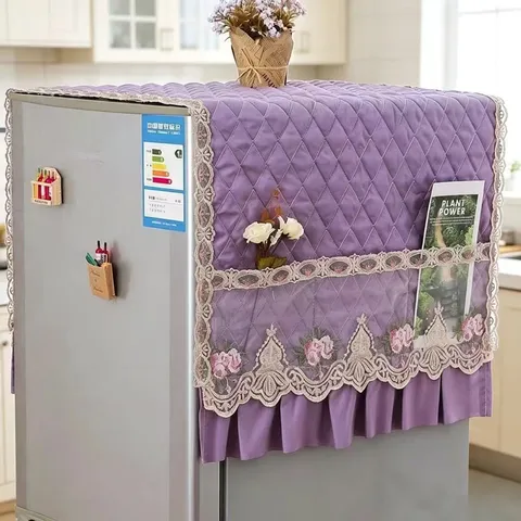 Housse de Protection Réfrigérateur Peau de Pêche Tissu Matelassé Protection Micro-ondes Avec Poches Latérales Dentelle Cuisine