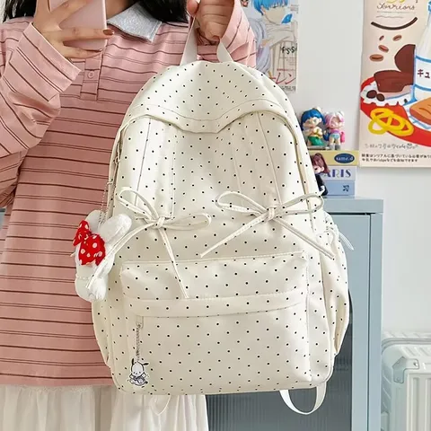 Zaino in Nylon a Pois Stile College Giapponese Grande Capacità Borsa Scolastica Con Simpatico Ciondolo Per Studentesse