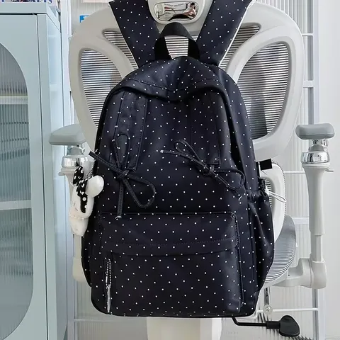 Zaino in Nylon a Pois Stile College Giapponese Grande Capacità Borsa Scolastica Con Simpatico Ciondolo Per Studentesse