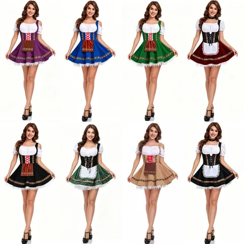 Costume de Dirndl pour Femme Oktoberfest Robe Traditionnelle Bavaroise Tenue de Serveuse Avec Tablier Pour Halloween Fête