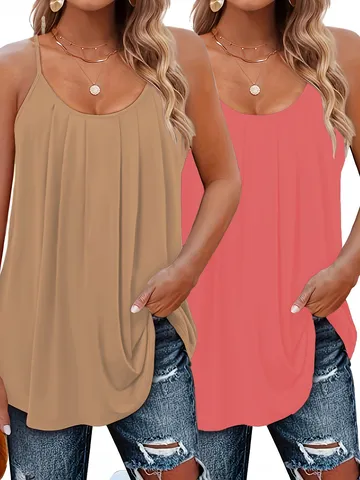 Women Plus Size Pleated Tank Top Set Solid Color Sleeveless Camisole Comfortable Regular Fit Casual Summer Clothing Set For Women