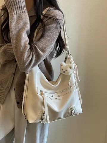Women Large Capacity PU Leather Motorcycle Style Bucket Bag Multipurpose Backpack Shoulder Crossbody Bag With Rivet And Bear Pendant