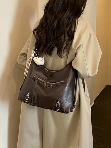 Women Large Capacity PU Leather Motorcycle Style Bucket Bag Multipurpose Backpack Shoulder Crossbody Bag With Rivet And Bear Pendant