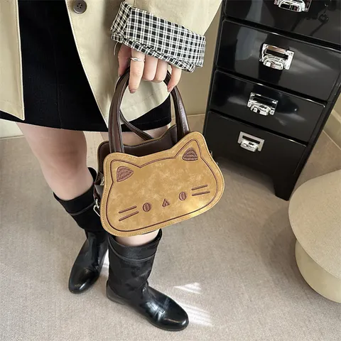 Bolso de Hombro de Cuero PU con Forma de Gato Lindo Estilo Preppy Vintage Bordado Bolso Bandolera para Mujer Bolso de Mano Casual Diario