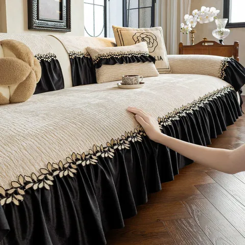 Französischer Vintage Chenille Sofaüberwurf Rüschen Blatt Bestickt Rutschfest Sofamatte Für Wohnzimmer Möbelschutz Deko