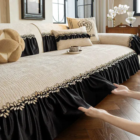 Französischer Vintage Chenille Sofaüberwurf Rüschen Blatt Bestickt Rutschfest Sofamatte Für Wohnzimmer Möbelschutz Deko