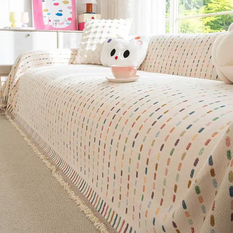 Chenille Sofawurf Decke Kratzfest Möbelbezug Für Wohnzimmer Creme-Stil Dopamin Regenbogen Muster Couch Bezug Mit Quasten Vier Jahreszeiten Universal