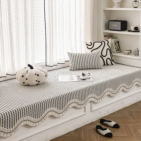 Tapis de Fenêtre en Saillie en Chenille à Carreaux Avec Bord à Volants Quatre Saisons Universel Antidérapant Coussin de Canapé