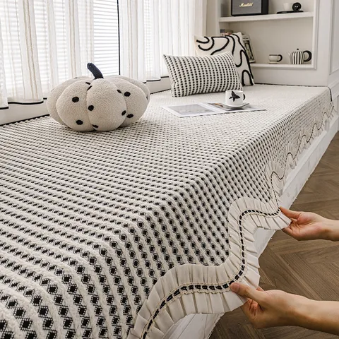 Tapis de Fenêtre en Saillie en Chenille à Carreaux Avec Bord à Volants Quatre Saisons Universel Antidérapant Coussin de Canapé