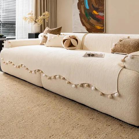 Housse de Canapé en Chenille Épaissie Coussin de Canapé Antidérapant Style Boule de Baie Moka Bord Ondulé pour Salon