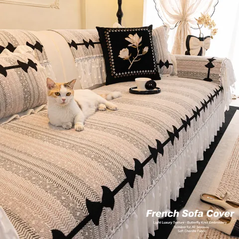 Vintage Chenille Sofa Cover Butterfly Pattern Anti-Slip Sofa Towel With Skirt Lace Edge Four Seasons Universal Furniture Protector For Living Room