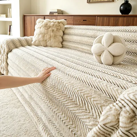 Creamy Style Thickened Faux Rabbit Fur Sofa Cover Non-Slip Winter Warm Herringbone Texture Furniture Protector Decorative Blanket For Living Room