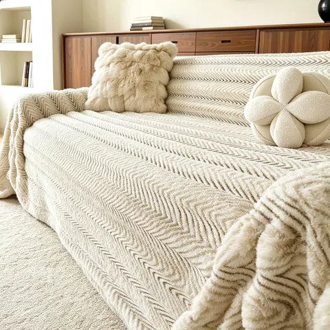 Creamy Style Thickened Faux Rabbit Fur Sofa Cover Non-Slip Winter Warm Herringbone Texture Furniture Protector Decorative Blanket For Living Room
