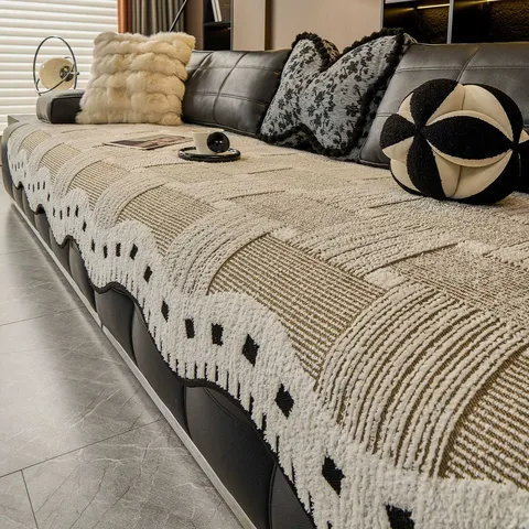 Vintage Modern Leicht Luxus Chenille Sofakissen Rutschfest Gestreift Sofa Bezug Für Wohnzimmer Bogenkante Möbel Schutzmatte