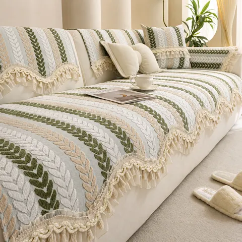 Französisch Vintage Chenille Sofakissen Rutschfeste Abdeckung Blattmuster Quastenkante Universal Sofahandtuch Schutzpolster