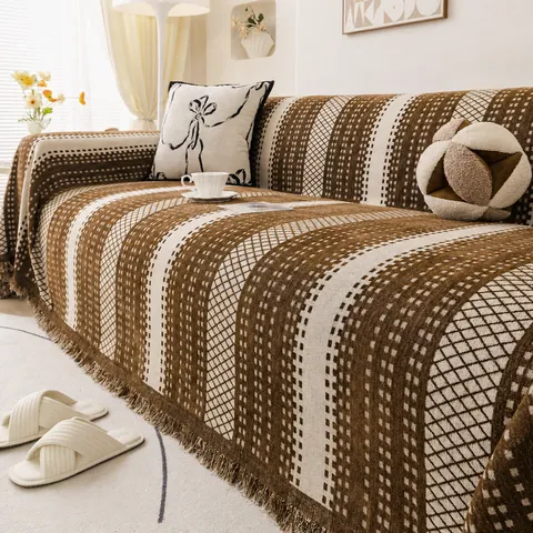 French Style Chenille Sofa Towel Geometric Texture Throw Blanket With Tassel Fringe One-Piece All Season Sofa Cover Decorative Household Furniture Protector