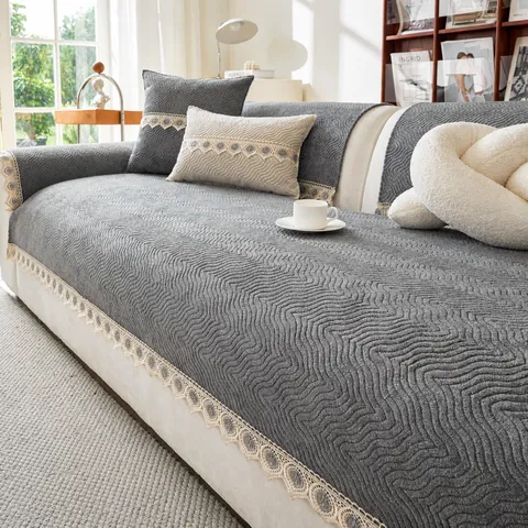 Non-slip Chenille Sofa Cover With Elegant Lace Trim Wave Pattern Four Seasons Universal Sofa Cushion Skirt Design Protective Slipcover