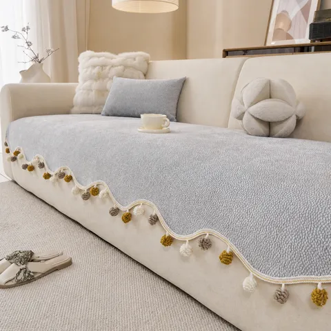 French Style Chenille Sofa Cushion Minimalist Solid Color Non-Slip Sofa Cover With Pom-Pom Trim Irregular Scalloped Edge Decorative Furniture Protector Living Room