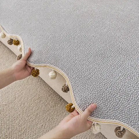French Style Chenille Sofa Cushion Minimalist Solid Color Non-Slip Sofa Cover With Pom-Pom Trim Irregular Scalloped Edge Decorative Furniture Protector Living Room
