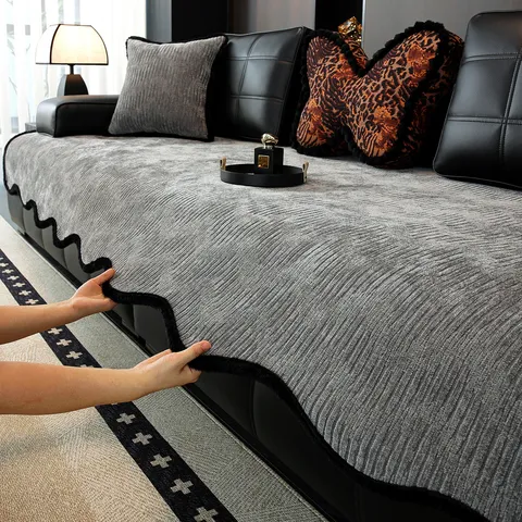 Luxury Chenille Striped Sofa Cover Non Slip Soft Sectional Sofa Mat For Living Room Wavy Faux Fur Edge Modern Minimalist Furniture Protector Furniture Throw