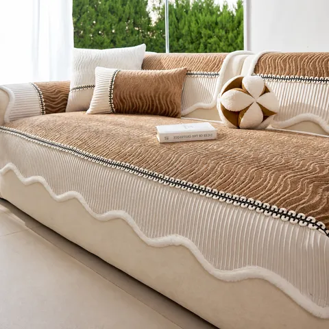 Non-Slip Chenille Sofa Cushion Cover Luxury Wave Edge Irregular Sofa Towel Four Seasons Universal Protective Sofa Mat For Home Living Room