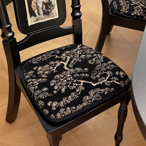 Französischer Vintage Chenille Stuhlauflage Rutschfest Hochelastischer Schwamm Sitzkissen Mittelalterlicher Stil Kiefernzweig Muster Waschbar