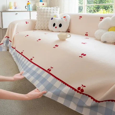 Frisse Chenille Bankhoes Deken Kersenpatroon Ruitjesrand Vier Seizoenen Universele Antislip Volledige Couch Throw Handdoek