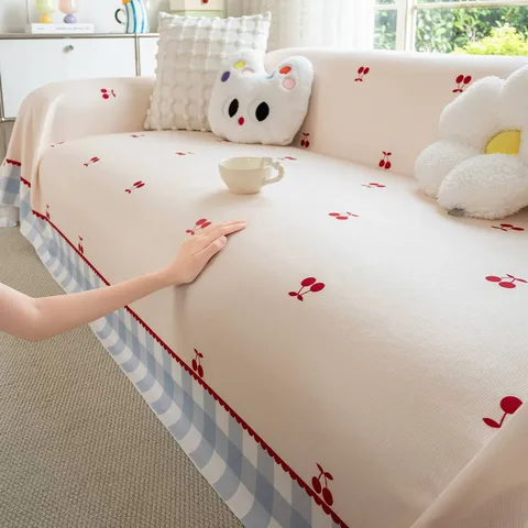 Frisse Chenille Bankhoes Deken Kersenpatroon Ruitjesrand Vier Seizoenen Universele Antislip Volledige Couch Throw Handdoek