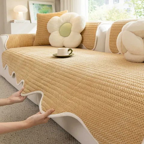 Modern Luxury Corduroy Sofa Cushion Waterproof Anti-Slip Anti-Cat Scratch Textured Scalloped Edge Sofa Seat Cover For Living Room Home Decor