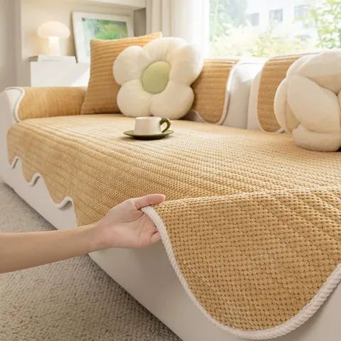 Modern Luxury Corduroy Sofa Cushion Waterproof Anti-Slip Anti-Cat Scratch Textured Scalloped Edge Sofa Seat Cover For Living Room Home Decor