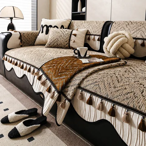 Luxury Chenille Sofa Cushion Cover Four Seasons Universal Retro Anti-Slip Wear-Resistant Sofa Protector Mat With Tassels For Living Room