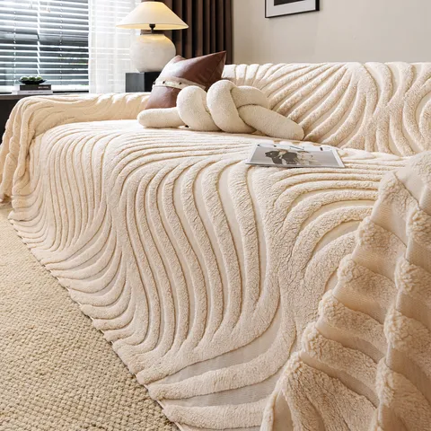Funda de Sofá de Forro Polar Sherpa Moderna Manta de Felpa Engrosada con Textura de Rayas para Decoración de Sala de Estar Resistente a Arañazos de Gato